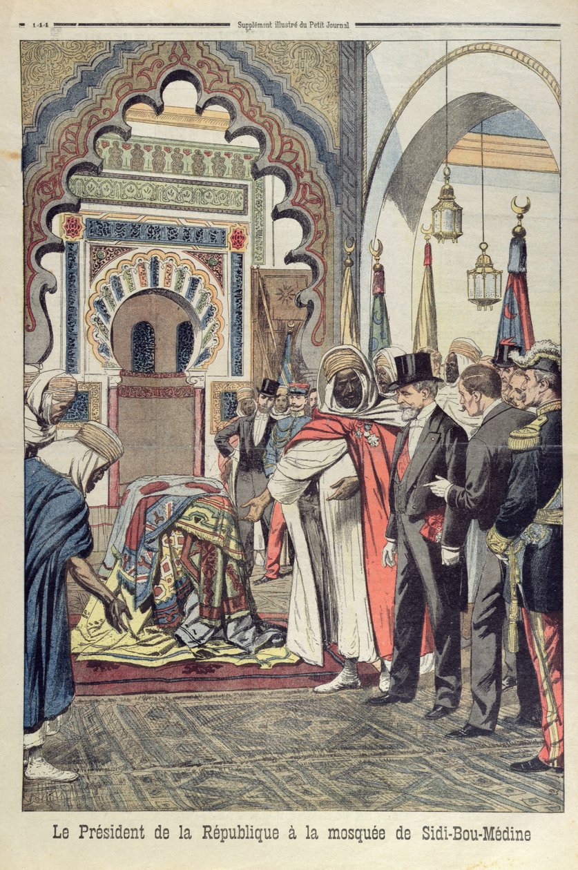 O Presidente da República Francesa, Emile Loubet (1838-1929) visita a Mesquita de Sidi Bou Medine, Tlemcen, Argélia, ilustração do Le Petit Journal, 3 de maio de 1903 de French School