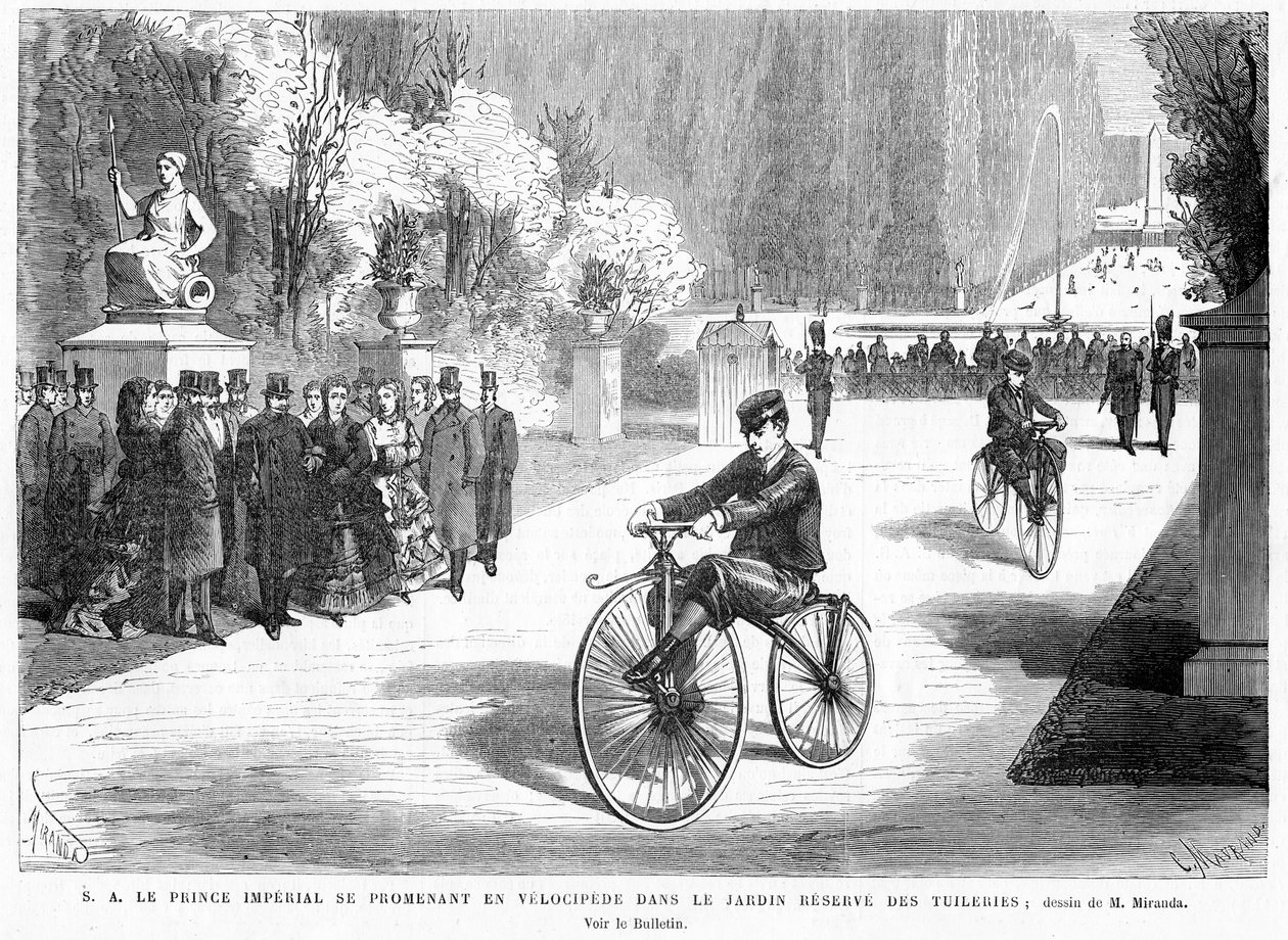 O Príncipe Imperial, assistido por seus pais, o Imperador e a Imperatriz, mostra sua habilidade em andar de bicicleta em um velocípede Michaux no Jardim das Tulherias, Paris, 1869 de French School