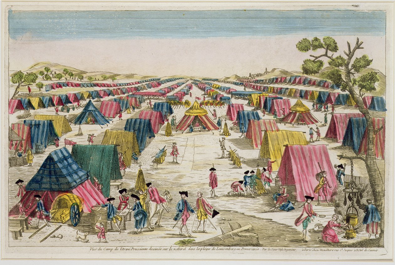 Acampamento do exército prussiano, extraído da vida nos campos da Pomerânia, gravado por Vale, c.1750 (gravura colorida à mão) de French School