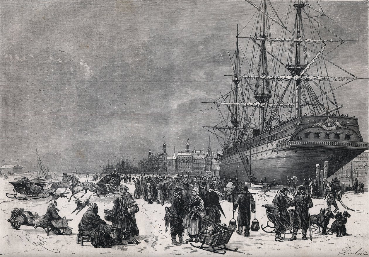 O navio prussiano "Teutonia", no porto de Hamburgo, na Alemanha. Os soldados franceses foram mantidos prisioneiros na Guerra de 1870. Gravura no "Le Monde Illustré" n°743 de 8 de Julho de 1871. de French School