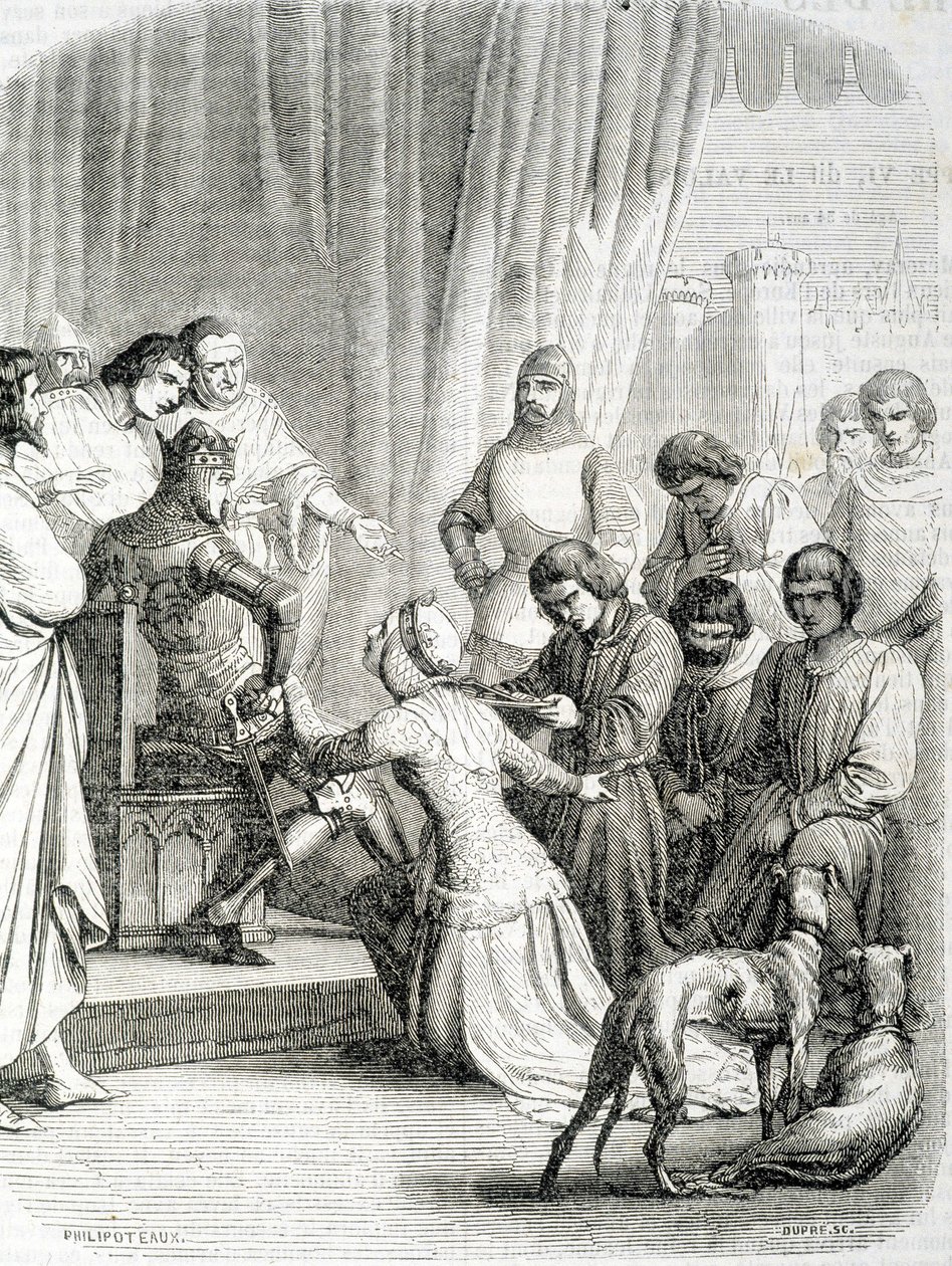 A Rainha de Inglaterra (Philippa de Hainaut) pede graças ao seu marido Eduardo III pelos habitantes de Calais (episódio dos 6 burgueses de Calais) de French School