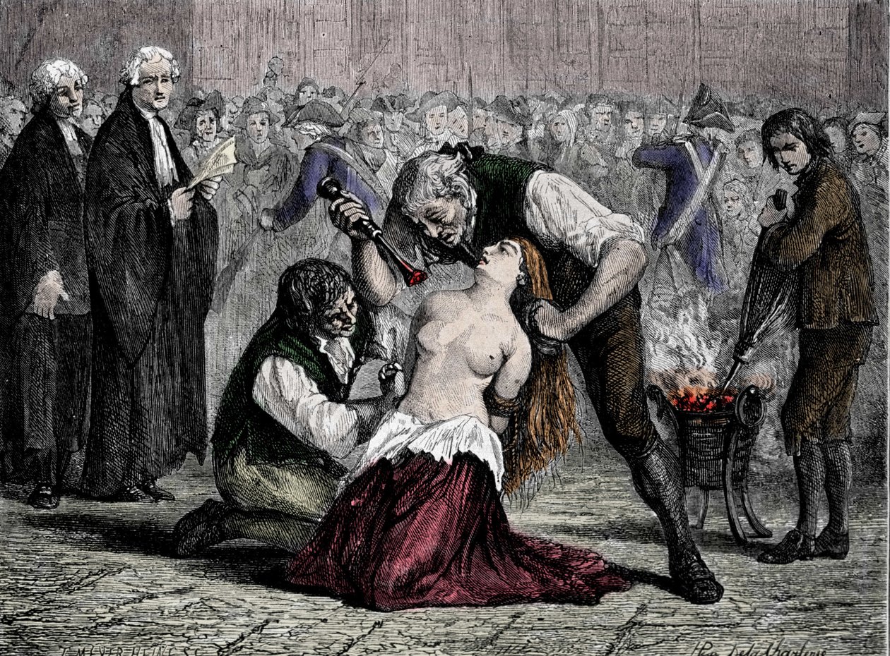 O caso do Colar da Rainha: O Tormento da Madame de la Motte (1756-1791). Depois de tentar derobrar o colar que a rainha recusou, foi condenada a ser flagelada, marcada com ferro e trancada no Salpetriere. de French School