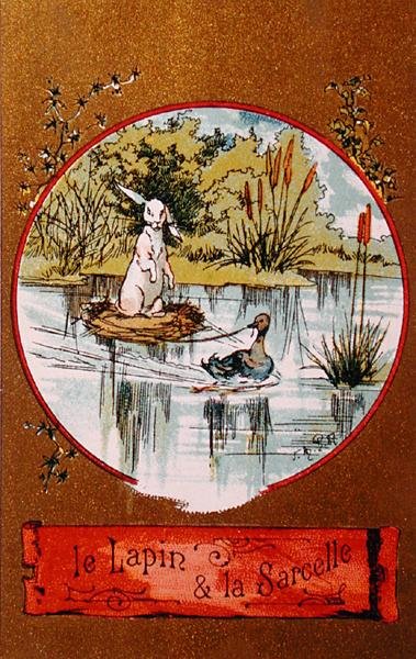 O coelho e a cerceta, cartão ilustrado que descreve a fábula por Jean de la Fontaine (1621-95) c.1880 de French School
