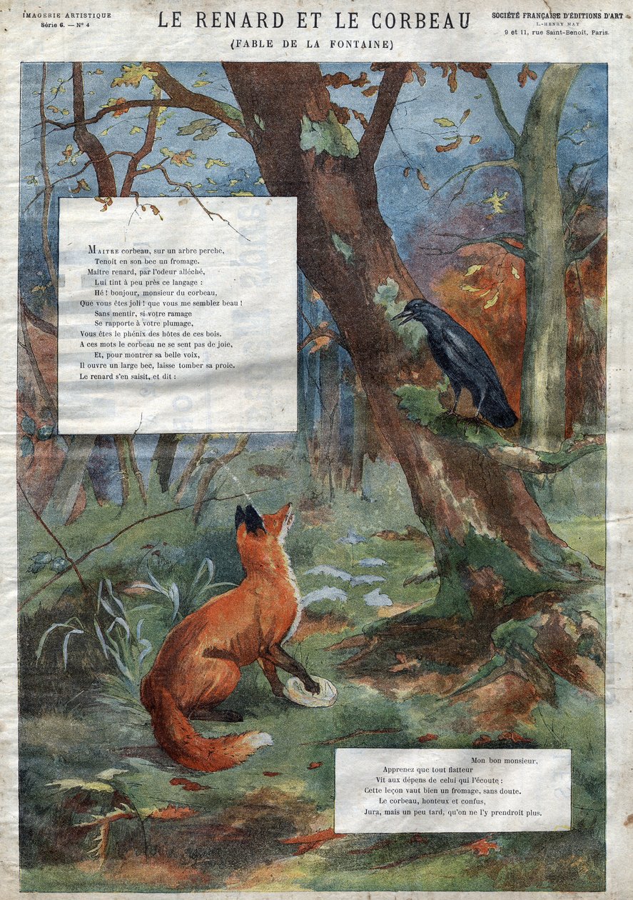 O Corvo e a Raposa. Fábulas de Jean de La Fontaine (1621-95). Ilustração do final do século XIX. de French School