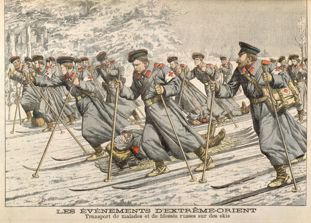 A Cruz Vermelha transportando feridos russos em esquis durante a guerra russo-japonesa (1904-05) do Le Petit Journal, c.1904 de French School