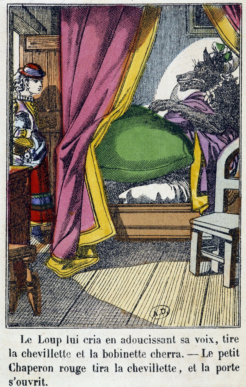 O Capuchinho Vermelho entra na sala onde o lobo tomou o lugar de sua avó - em "O Capuchinho Vermelho", ed. Pellerin, Epinal, n.d. 19. de French School