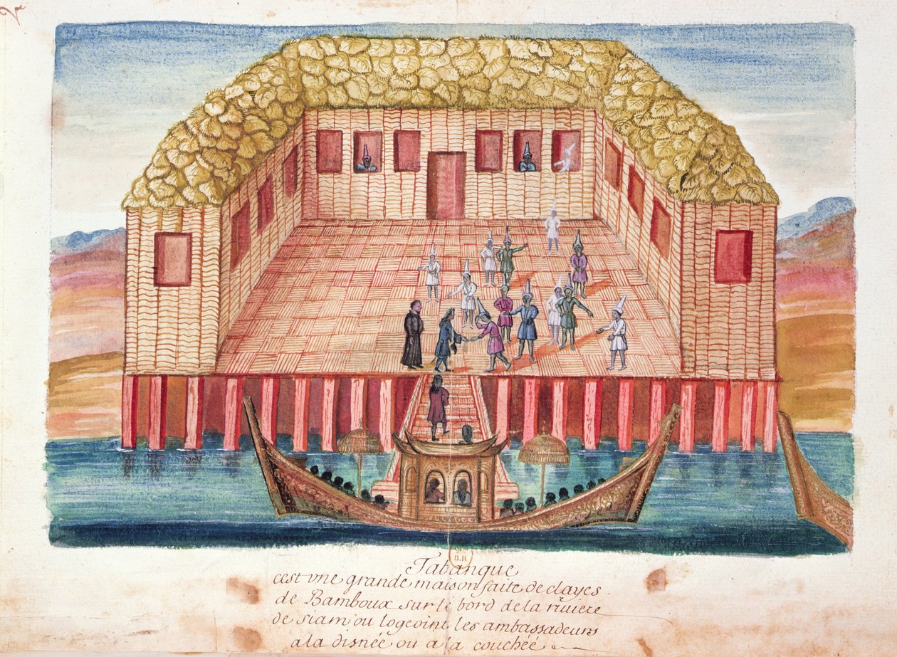 A Residência dos Embaixadores da França no Sião, a partir de um relato dos jesuítas no Sião, 1688 (wc on paper) de French School