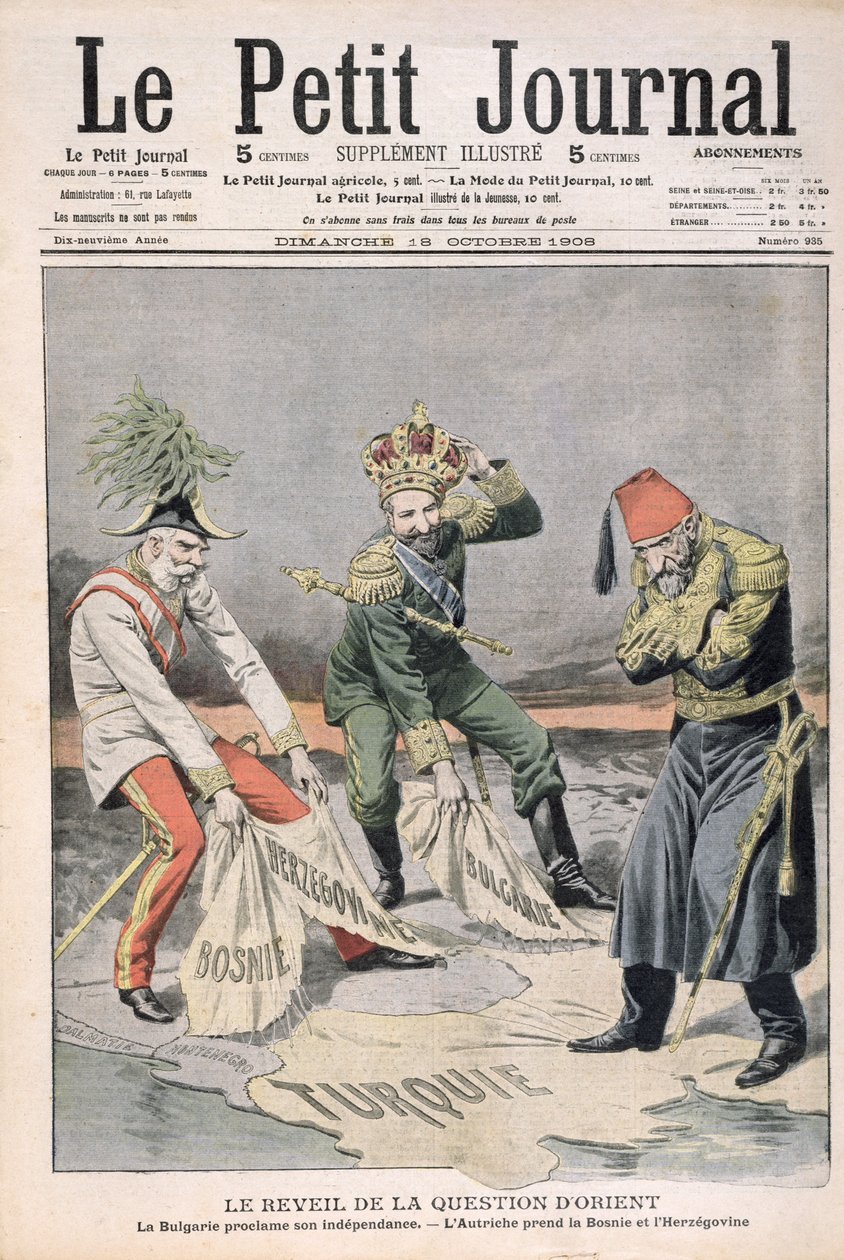 O ressurgimento da questão dos países orientais e dos Bálcãs, ilustração de Le Petit Journal, 18 de outubro de 1908 (gravura a cores) de French School