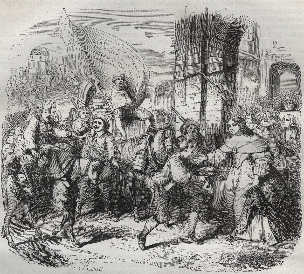 O Regresso de Gonesse, episódio da Fronde: a "Senhora de Paris" acolhe a "Senhora de Aubervilliers" e a "Nouricier Gonesse" que a veio fornecer. Frente de gravura 1649 - gravura em "Paris a travers les siecles" de H. Gourdon de Genouillac de French School