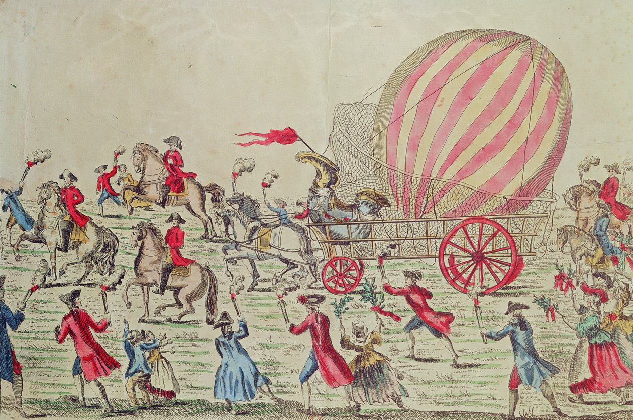 O retorno do balão de ar quente a Paris, após o experimento no Champ de Mars pelos irmãos Montgolfier, em 2 de dezembro de 1783 de French School