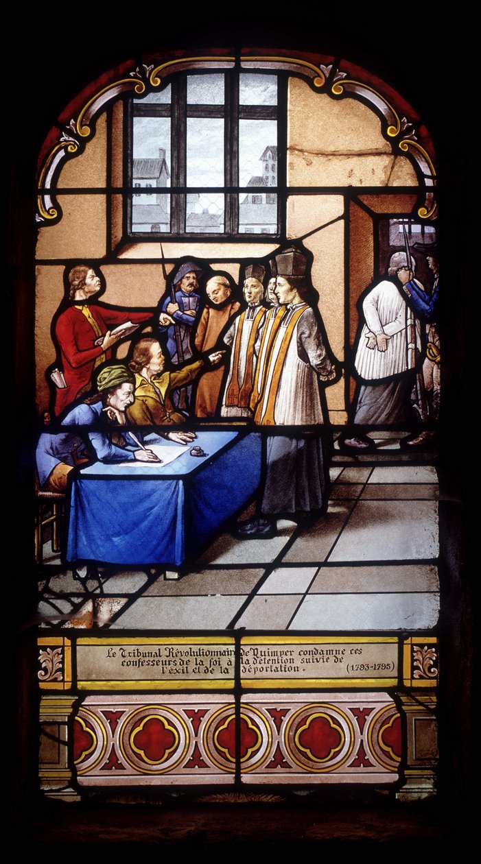 O Tribunal Revolucionário de Quimper condena estes confessores de fé à detenção seguida de exílio e deportação (1793-95) - vitrais da Igreja de Saint Germain em Kerlaz de French School
