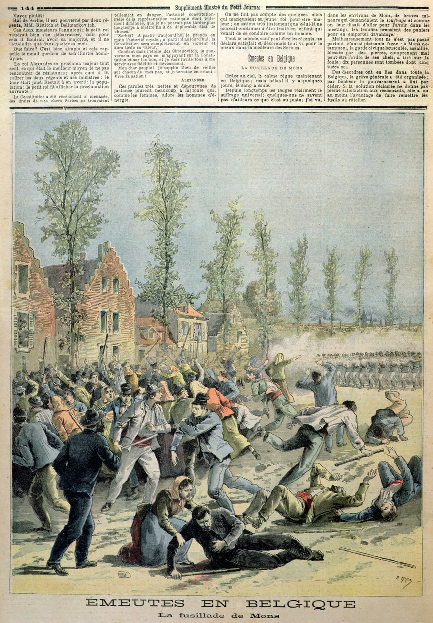 Os motins em Mons, ilustração do Le Petit Journal, em maio de 1893 de French School