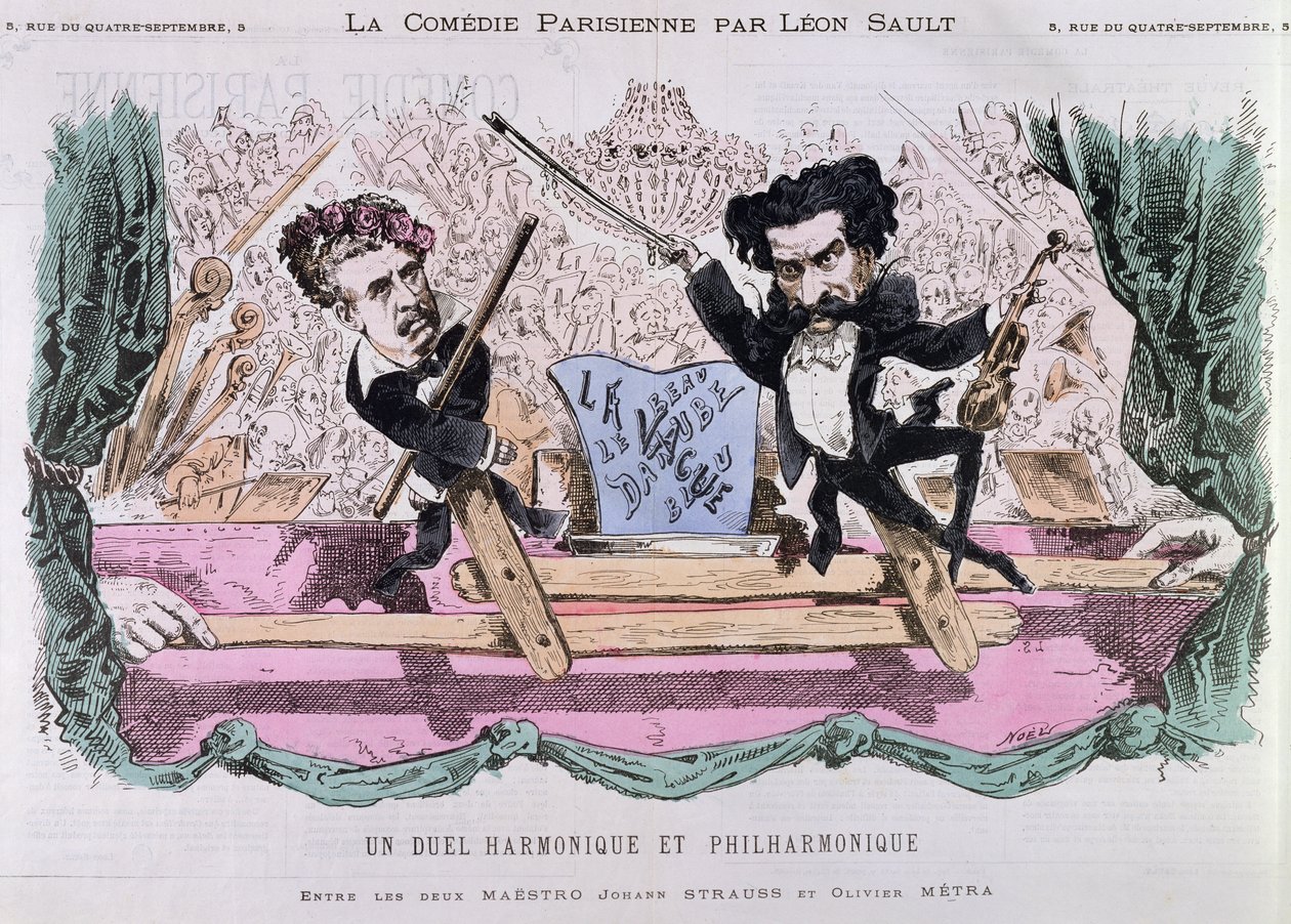 Os compositores rivais de valsas, Johann Strauss o mais novo (1825-99) e Olivier Metra (1830-89), c.1870 de French School