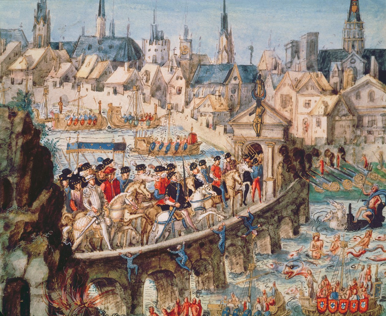 O Festival de Entrada Real de Henri II (1519-59) em Rouen, 1º de outubro de 1550 (caneta e tinta no papel) de French School