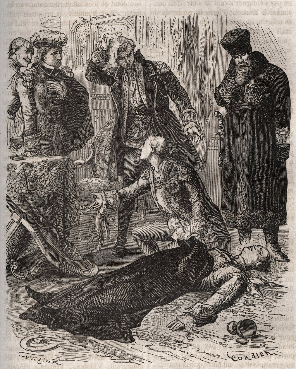 O Imperador russo Pedro III (1728-1762), designado residência, foi assassinado por ordem de sua esposa Catarina II, que acabara de derrubá-lo e tomar o poder, por Alexei Orlov (1737-1808) e seus guardas, em 17 de julho de 1762. Gravura de 1871 em "Histoire de French School