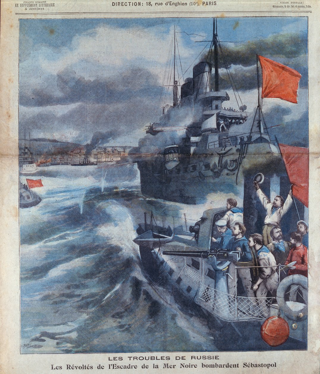 O motim russo no Mar Negro e o bombardeio de Sebastopol, ilustração de Le Petit Parisien, 1905 de French School