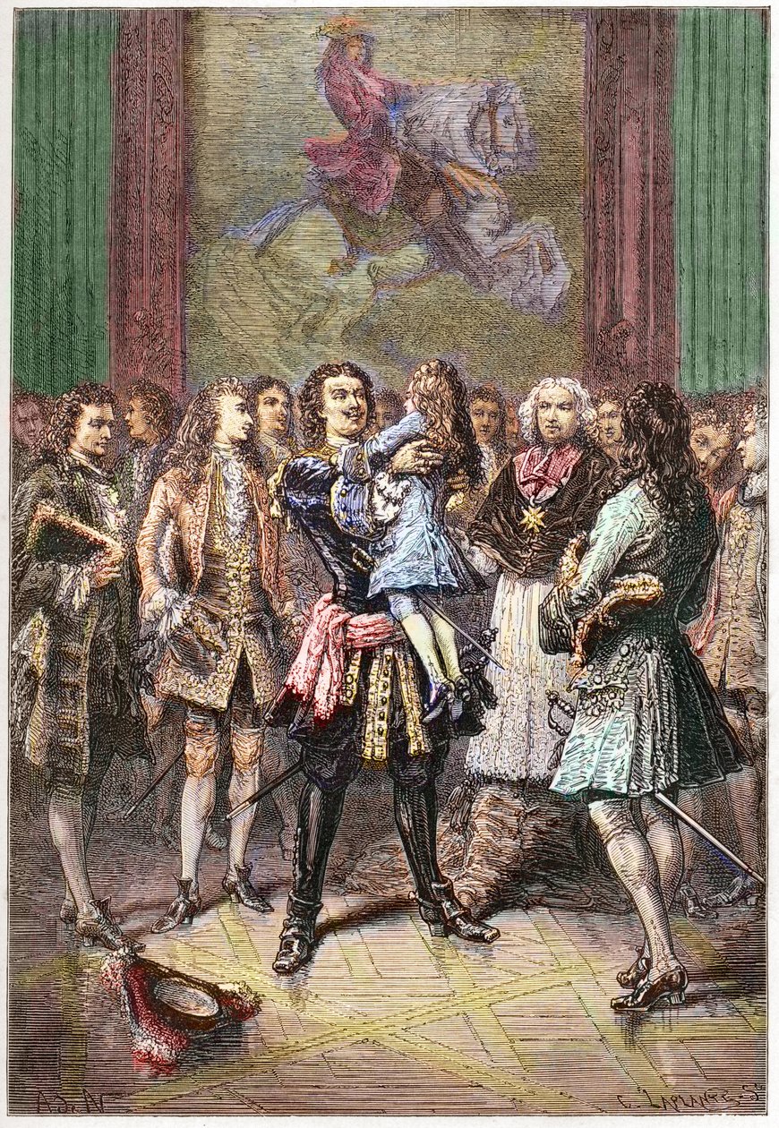 O czar russo Pedro I o Grande (1672-1725) segurando o rei Luís XV nos braços em Versalhes em 1717 - PETER I (1672-1725) Czar da Rússia de French School