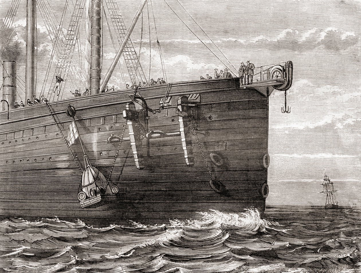 O S.S. Great Eastern lança uma bóia ao mar para marcar o local de um cabo telegráfico transatlântico perdido de French School