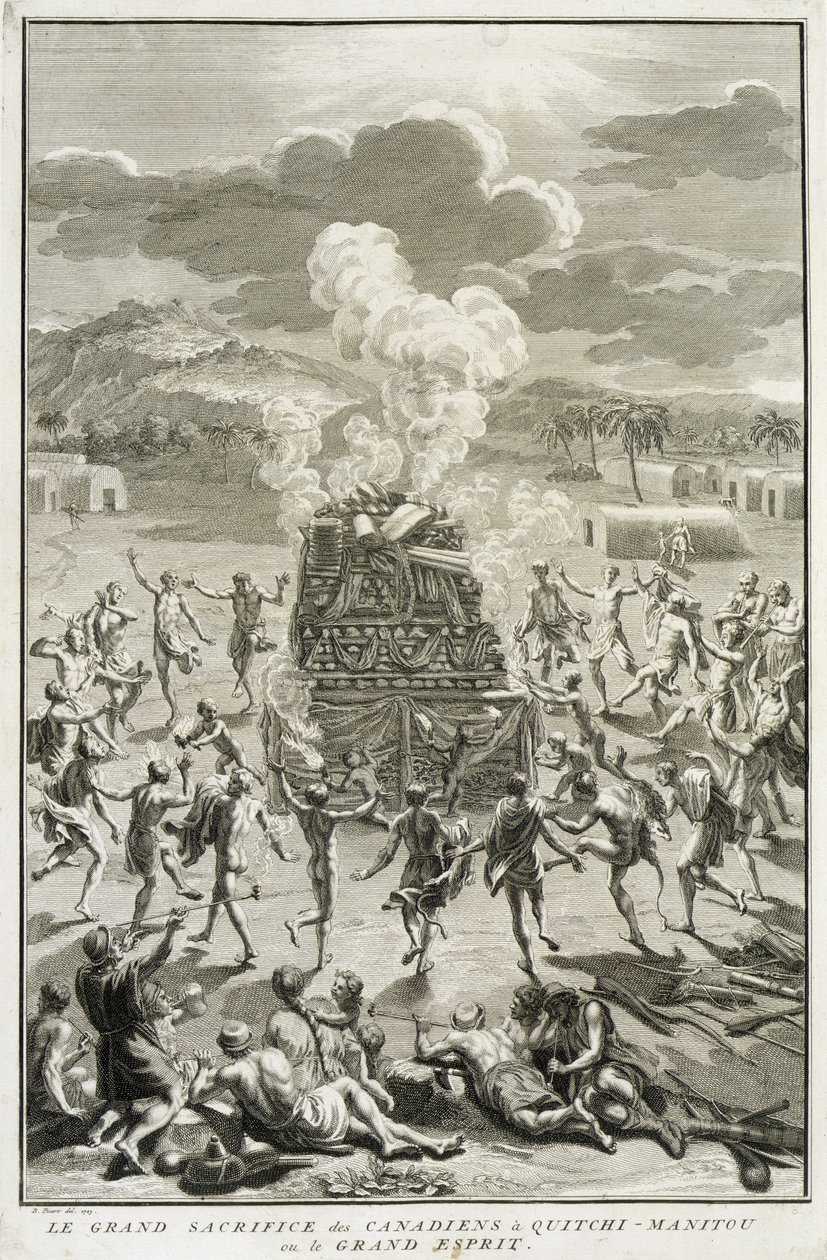 O Sacrifício de Quitchi-Manitou, ou O Grande Espírito, pelos canadenses, ilustração de cerimônias religiosas e costumes, gravada por Bernard Picart (1673-1733) 1723 de French School