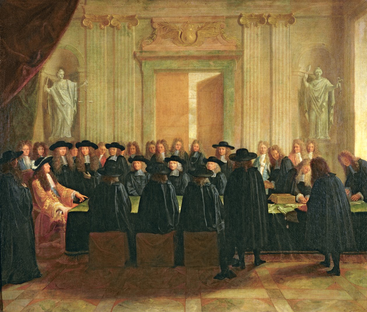 O selo realizado por Luís XIV (1638-1715) perante os membros do Conselho de Estado e do Tribunal de Recurso em 1672, 1672 de French School