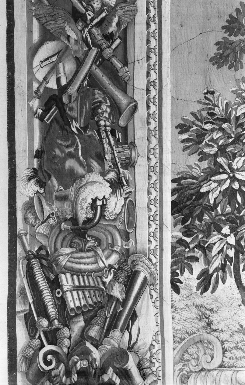 The Seasons Tapeçaria, fronteira, instrumentos musicais, c.1670, Gobelins Factory (detalhe) de French School