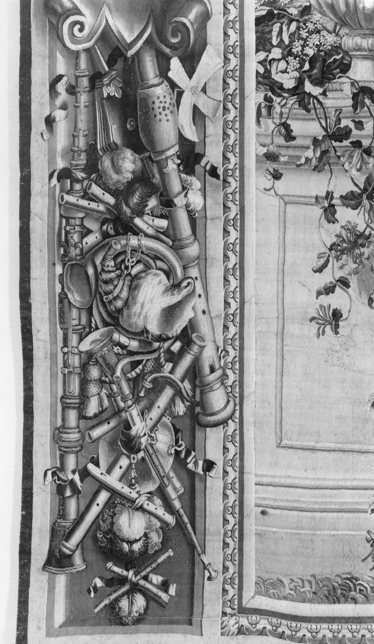 The Seasons Tapeçaria, fronteira, instrumentos musicais, c.1670, Gobelins Factory (detalhe) de French School