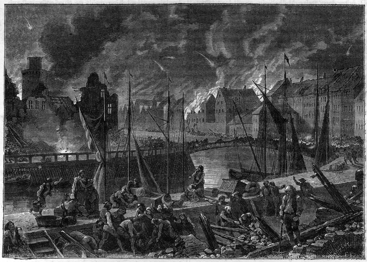 A Segunda Batalha de Copenhaga (ou o Bombardeamento de Copenhaga) (16 de Agosto a 5 de Setembro de 1807) Bombardeamento britânico de Copenhaga para dezasseis da frota Dano-Norueguesa, durante as Guerras Napoleónicas - Guerras Inglesas - A Batalha de Copenh de French School