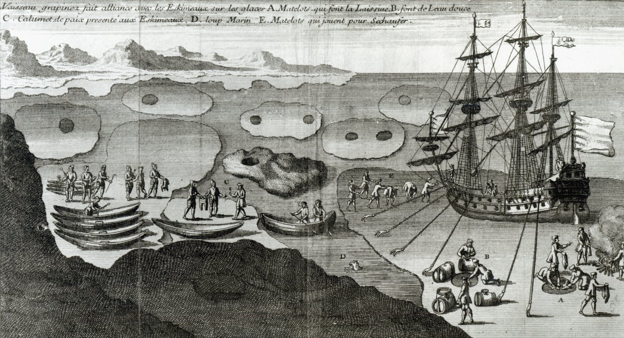 O navio que faz aliança com os esquimós, de "Histoire de l&39;Amerique Septentrionale" por Bacqueville de La Potherie (1663-1736), publicado em 1753 de French School