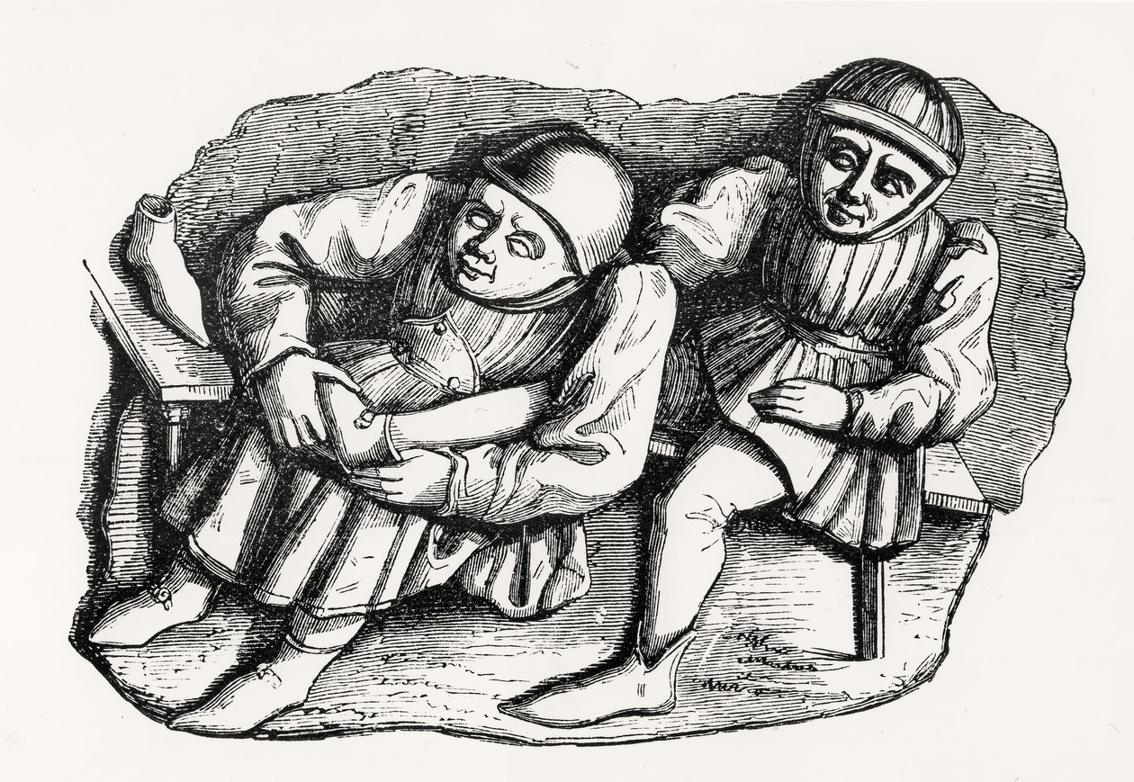 O Sapateiro e seu Cliente, copiados de uma das Barracas da Misericórdia no Coro da Catedral de Rouen, ilustração da Ciência e Literatura da Idade Média e do Renascimento, escrita e de French School