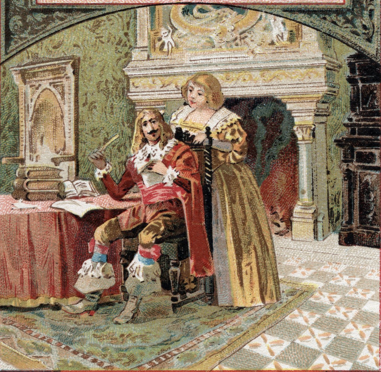 O Senhor de Beringhen e a Senhora do Fargis conspiraram contra Richelieu (Armand Jean du Plessis, Cardeal de Richelieu (1585-1642), ministro de Luís XIII, no Castelo de Azay-le-Rideau (Azay le Rideau) (Indre-et-Loire). Cromolitografia do final do século XI de French School