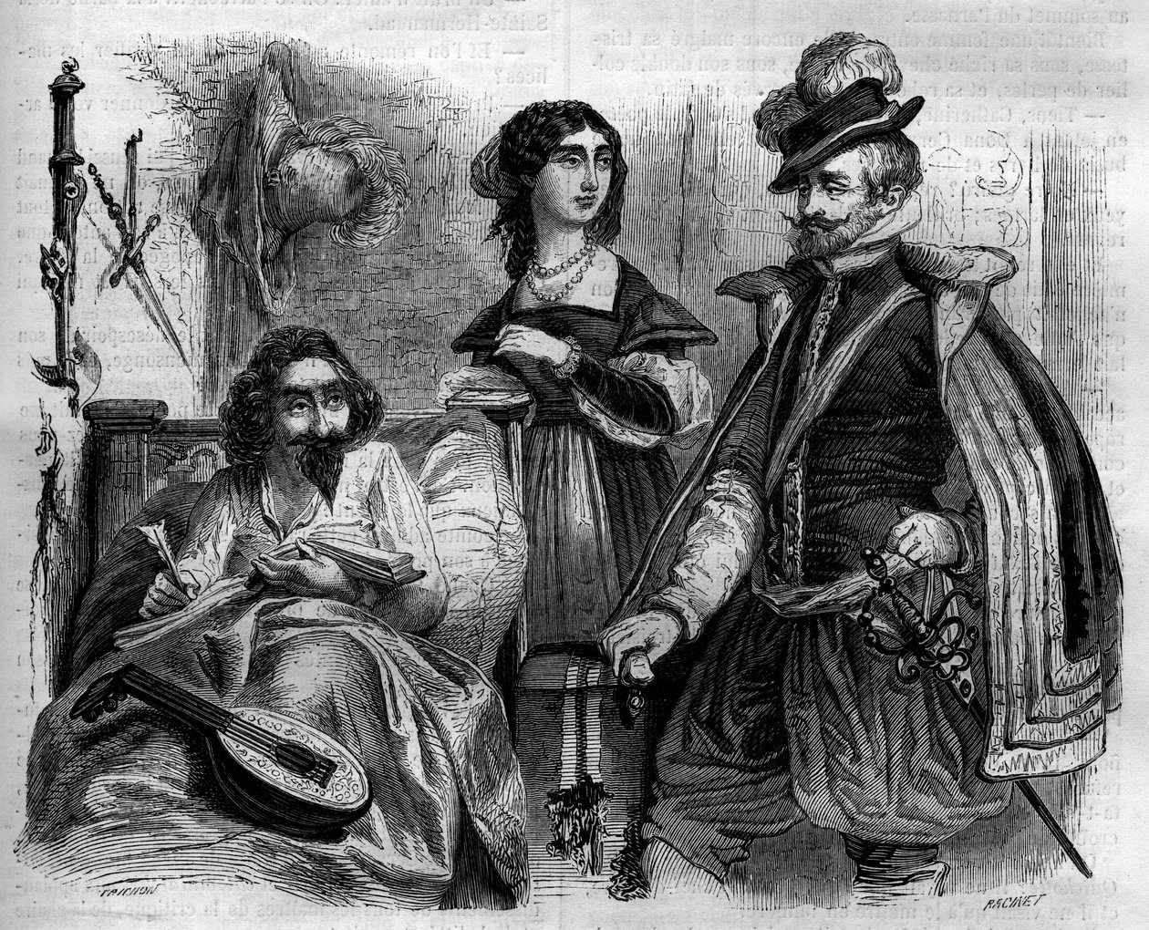 O escritor espanhol Miguel de Cervantes Saavedra (1547-1616) em casa, em 1614, rodeia sua esposa e o Conde de Lemos. Gravura de 1852. de French School