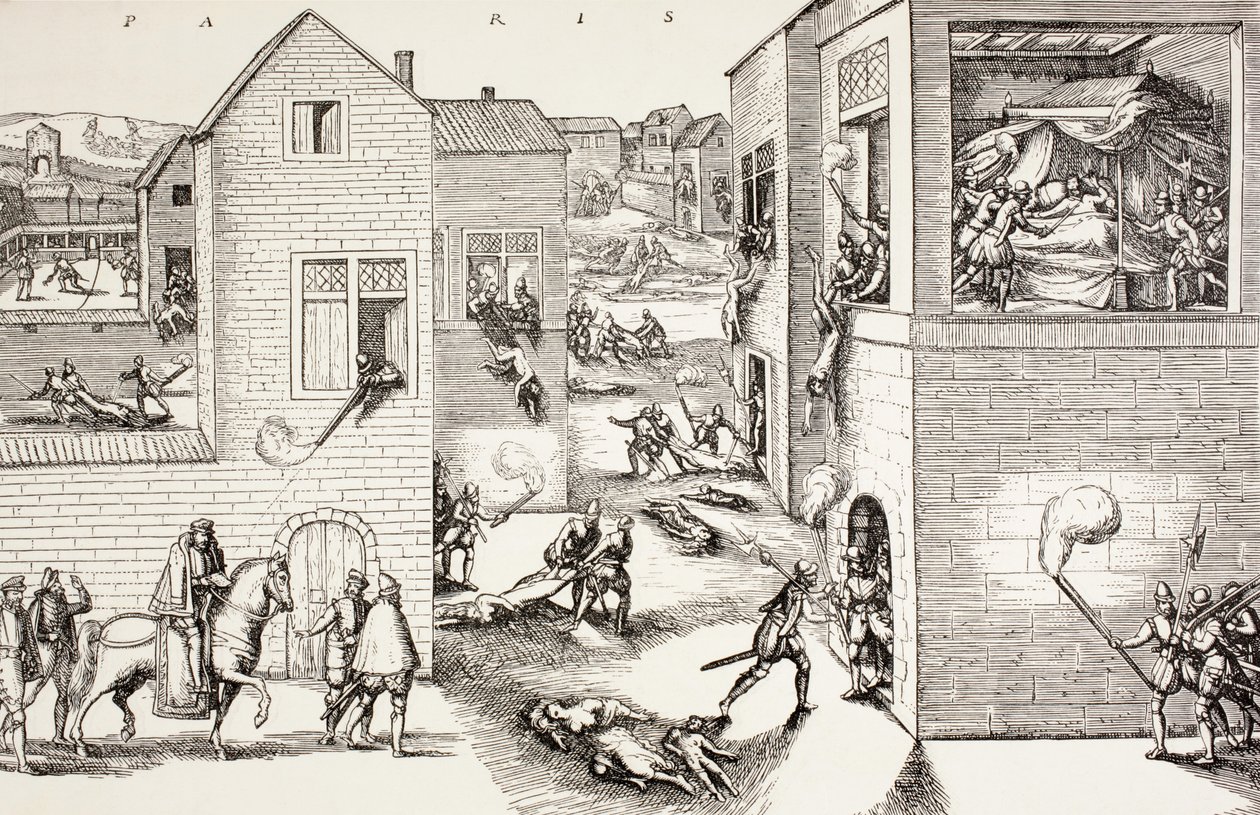 O massacre de São Bartolomeu, em agosto de 1572, de "A vida militar e religiosa na Idade Média", de Paul Lacroix, publicado em Londres, c.1880 de French School