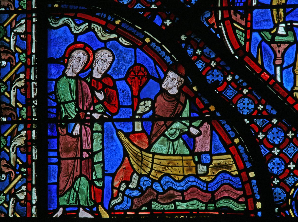 The St James Window: Almongenes (Hermogines) joga seus livros no mar (w5) de French School