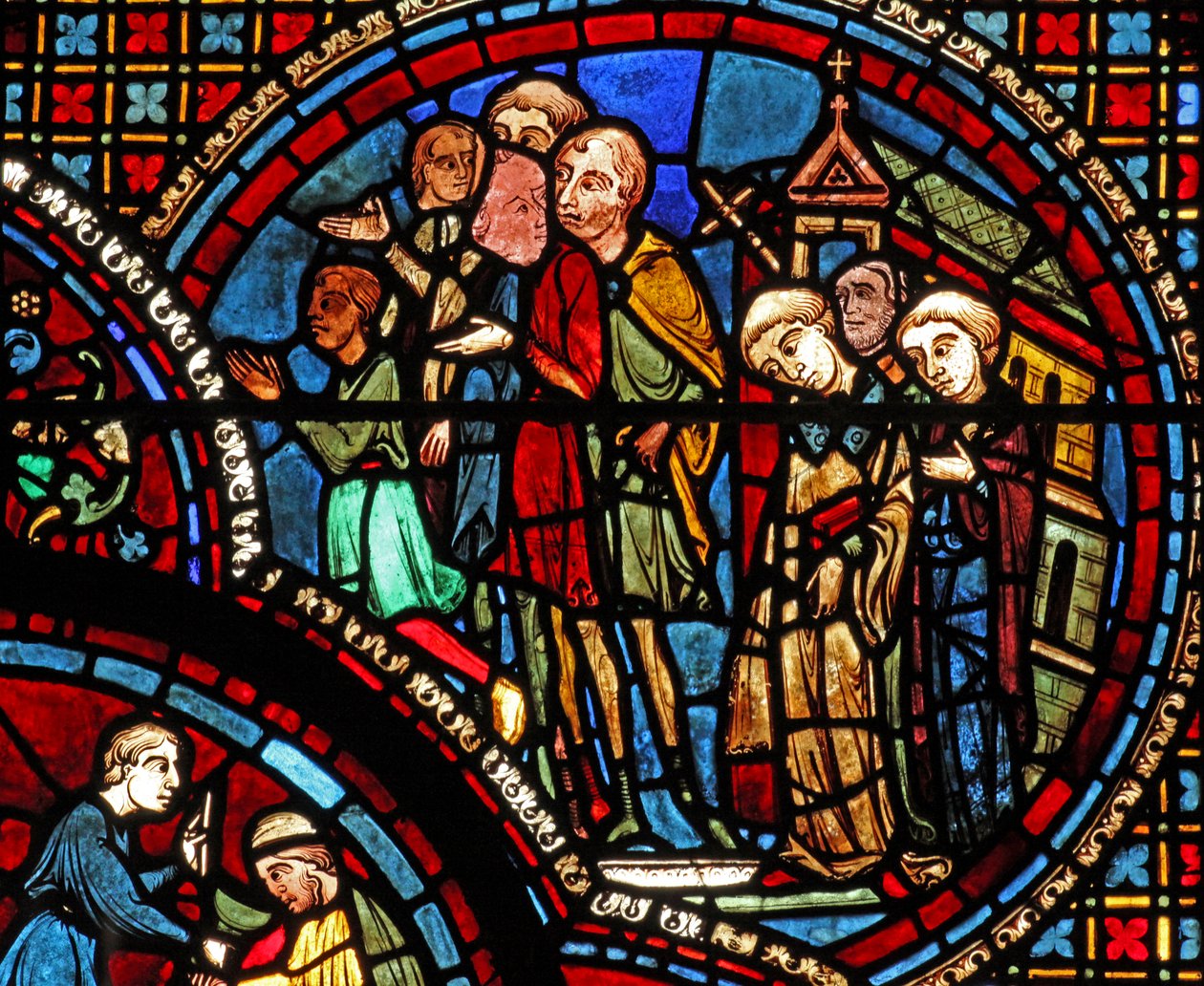 A janela de St Lubin: uma procissão deixa uma igreja (w45) de French School
