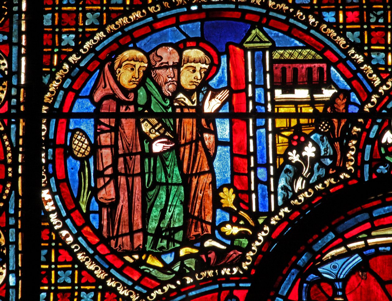 A janela de St Lubin: ele chega a uma igreja com dois monges (w45) de French School