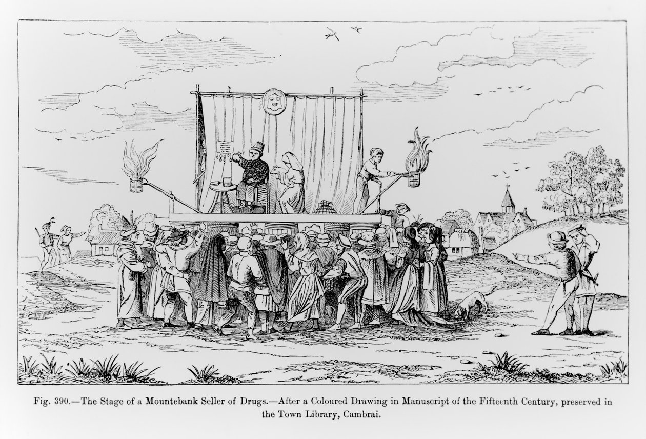 O Palco de um Vendedor de Drogas, ilustração da Ciência e Literatura da Idade Média e do Renascimento, escrita e gravada por Paul Lacroix, 1878 de French School