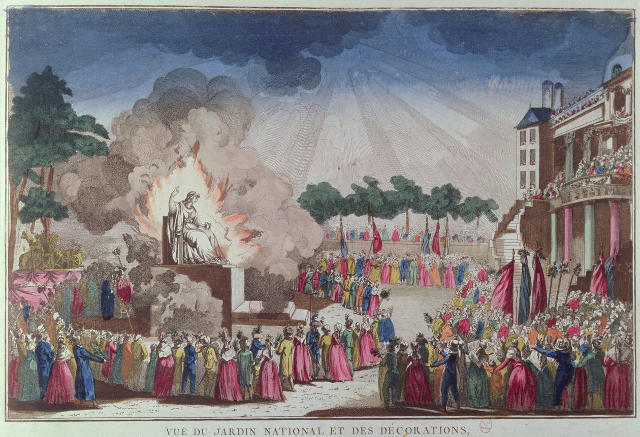 A Estátua do Ateísmo sendo destruída e substituída pela Estátua da Sabedoria no Festival do Ser Supremo, Jardim Nacional das Decorações, Paris, 8 de julho de 1794 de French School