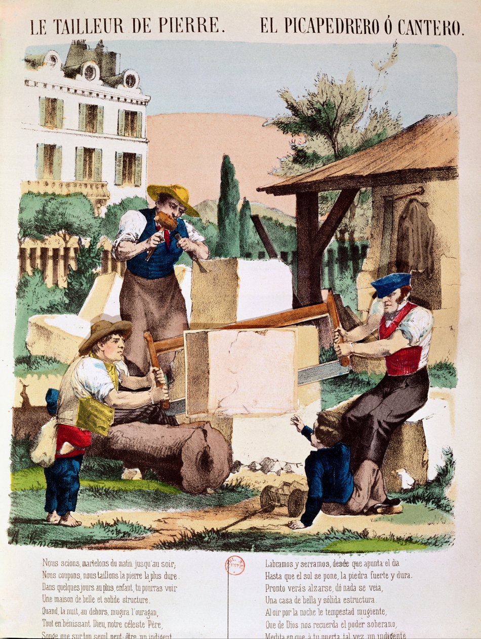 Os pedreiros, ilustração de um livro infantil, c.1890 de French School