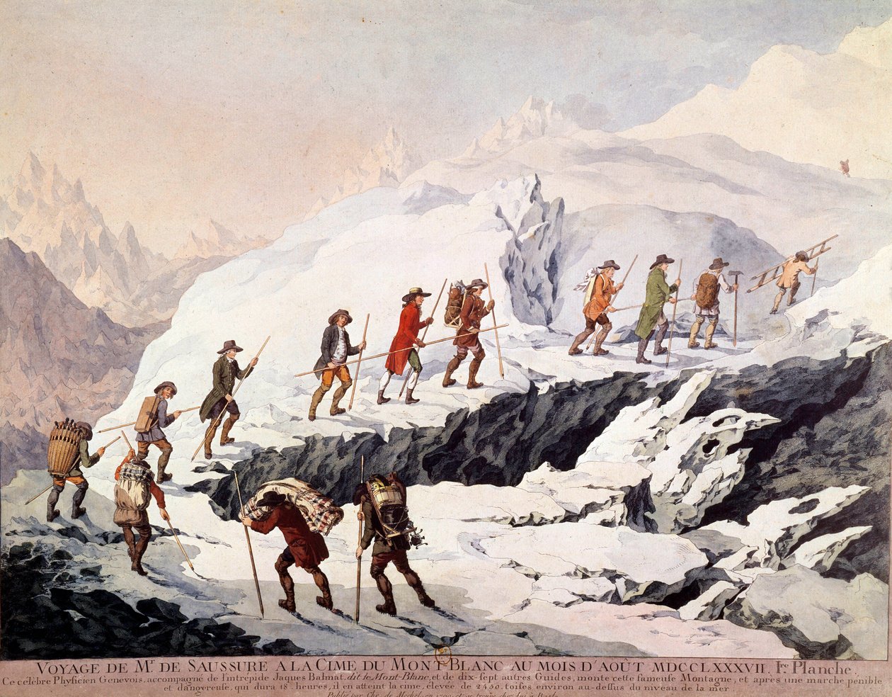O naturalista suíço Horace Benedict (Horace-Benedict) de Saussure (1740-1799) e o guia de montanha francês Jacques Balmat fizeram a segunda subida do Mont Blanc em agosto de 1787. de French School