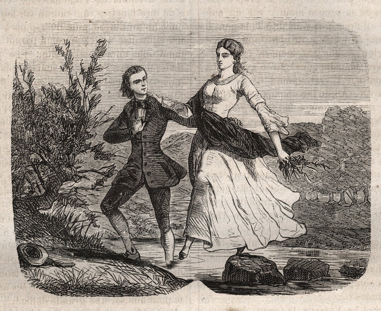 O filósofo suíço Jean Jacques (Jean-Jacques) Rousseau (1712-1778) ajudou Mademoiselle Galley a atravessar um riacho. Gravura de 1871 em "Histoire Des Cocus Celebres" de Henry de Kock (1819-1892). de French School
