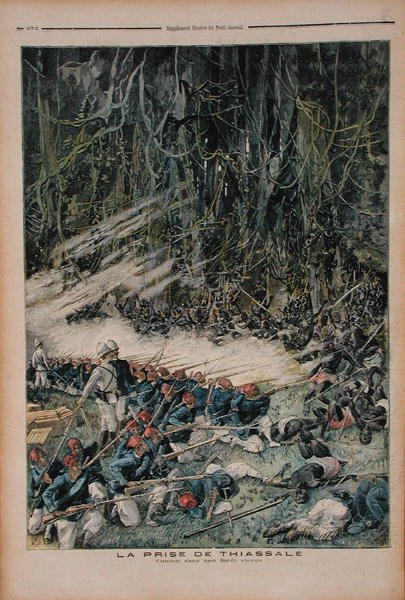 A tomada de Thiassale, a batalha na floresta tropical virgem, ilustração de Le Petit Journal, 26 de agosto de 1893 de French School