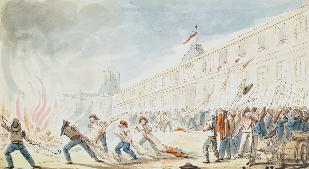 A tomada das Tulherias, 10 de agosto de 1792 (gravura a cores) de French School