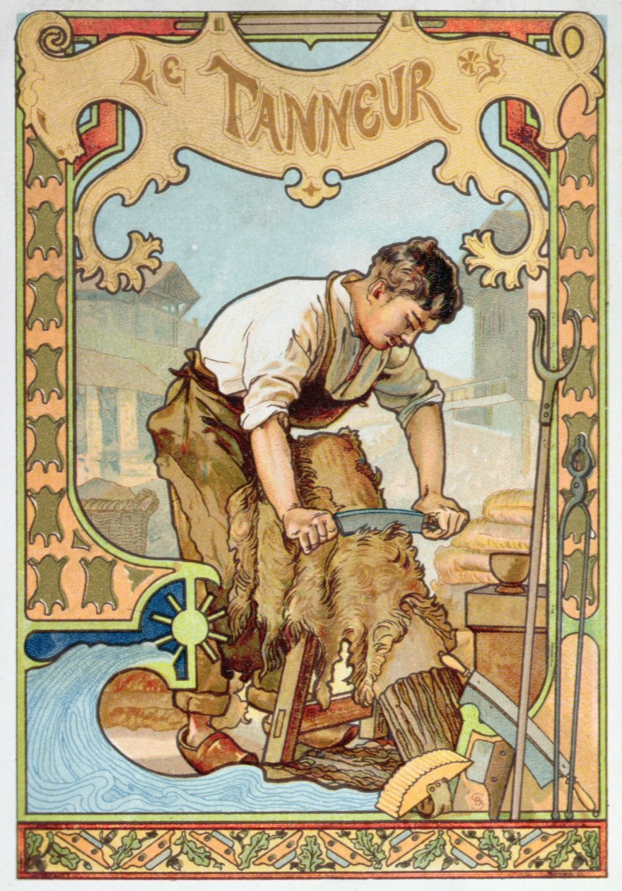 The Tanner, ilustração de um livro sobre o artesanato, c.1899 (cor litho) de French School