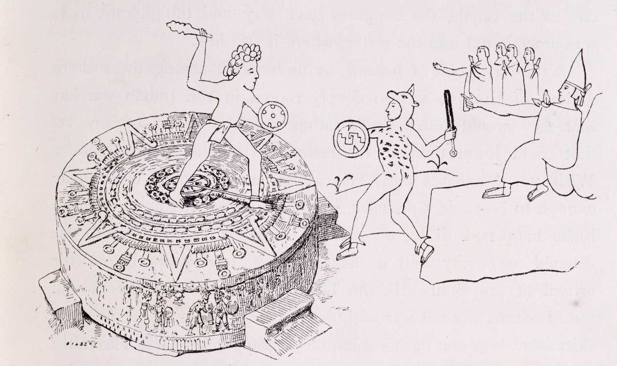 O Temalacati, ou Pedra Gladiatorial, do Codex Ramirez, de "As Antigas Cidades do Novo Mundo", de Claude-Joseph-Desire Charney, pub. 1887 de French School