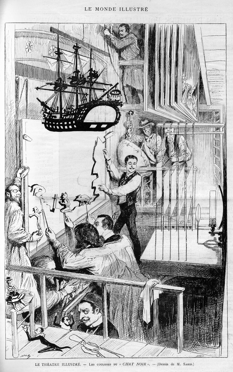O Teatro ilustra: os bastidores do "Chat noir". Gravação em "Le monde illustrious", "1888. de French School