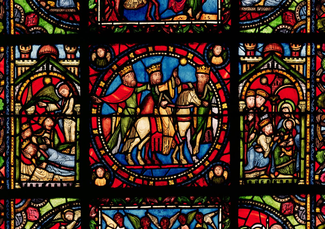 Os Três Reis Magos, detalhe de uma janela representando a história da Virgem de French School