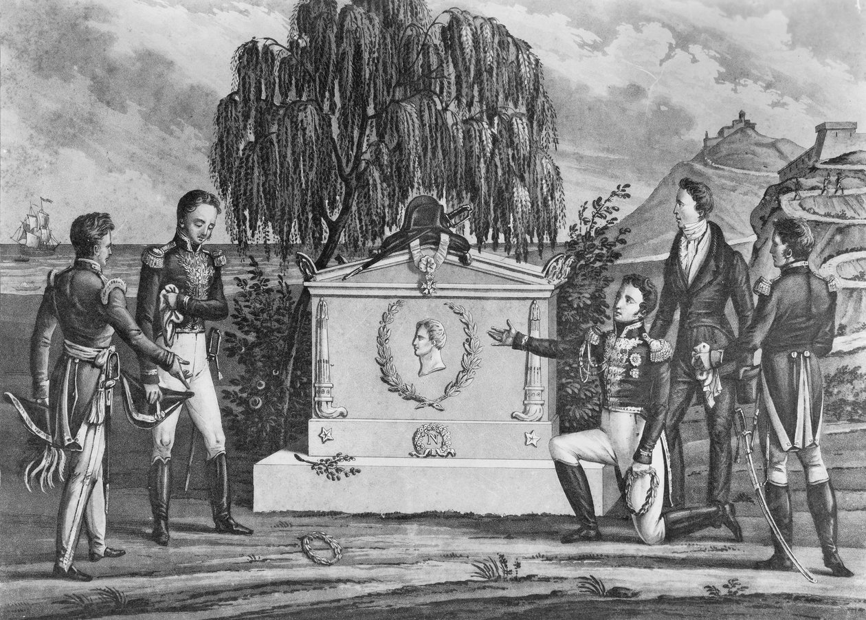 O túmulo de Napoleão Bonaparte (1769-1821) em Santa Helena, 1821 (litho) (foto bw) de French School