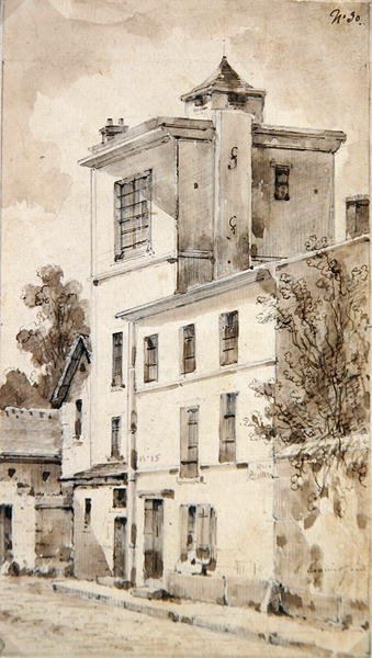A Torre onde Louis-Jacques Daguerre fez as suas descobertas (aguarela sobre papel) de French School