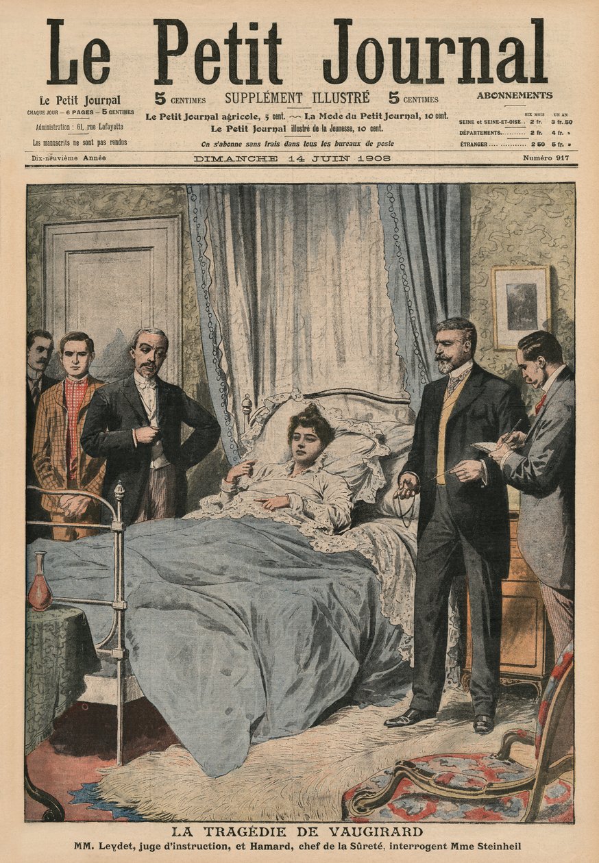 The Tragedy of Vaugirard, questionando Marguerite Steinheil, ilustração da capa do &39;Le Petit Journal&39;, suplemento ilustrado, 14 de junho de 1908 de French School
