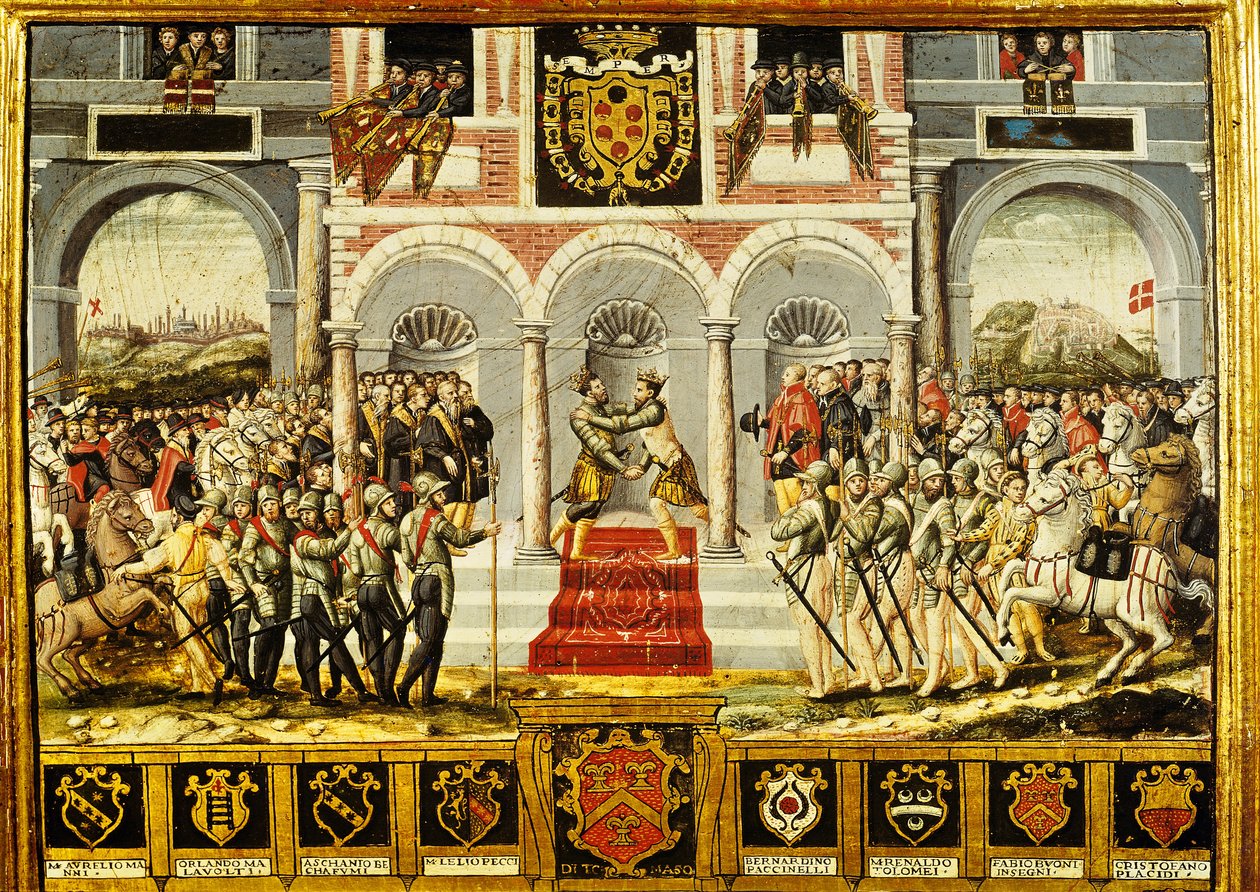 O Tratado de Cateau-Cambrésis e o Abraço de Henri II (1519-59) da França e Filipe II (1527-98) da Espanha, de 2 a 3 de abril de 1559 de French School